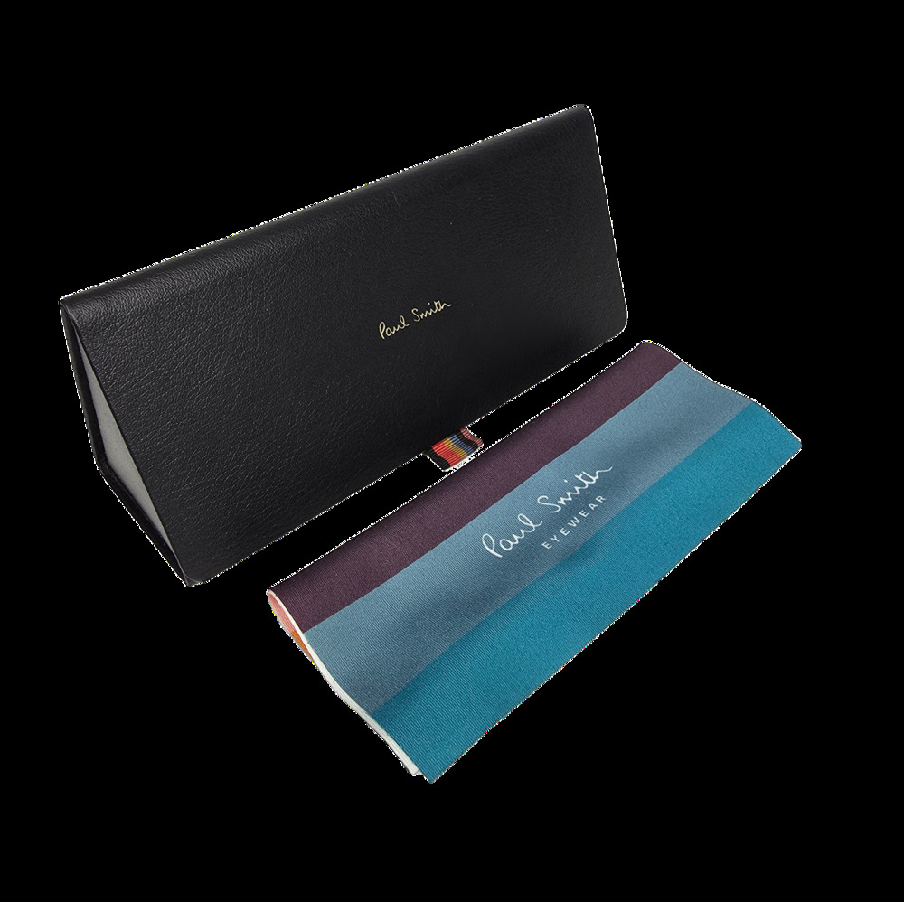 PAUL SMITH TRIANGLE HARD SHELL EYEGLASS CASE + MULTI‑STRIPE CLOTH – BLACK – 6"